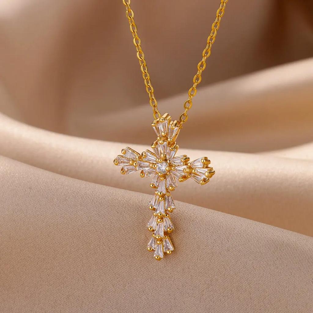 Luxury Zirconia Cross Pendant Necklace for Women Zircon Crystal Stainless Steel Chain Charm New Trend Aesthetic Jewerly Collares