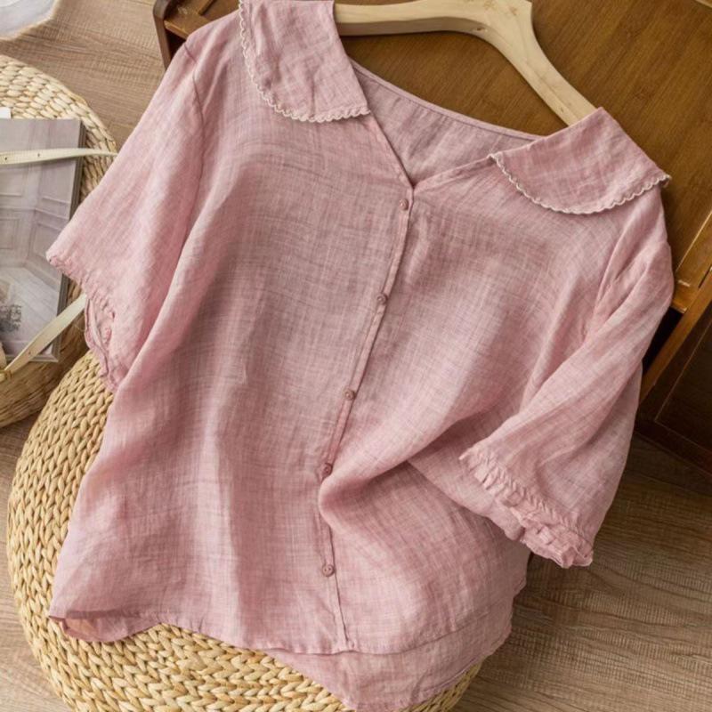 2026 Retro Navy Doll Collar Ramie Top – Short Sleeve, Slimming Cotton Linen Shirt Extra Large розовый