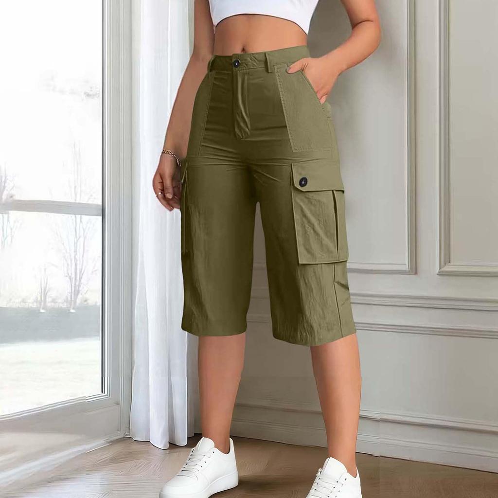 Damen Mid-Waist Relaxed Fit Cargo-Shorts mit elastischem Bund hinten, Knopf- und Reißverschluss, Mehrere Taschen