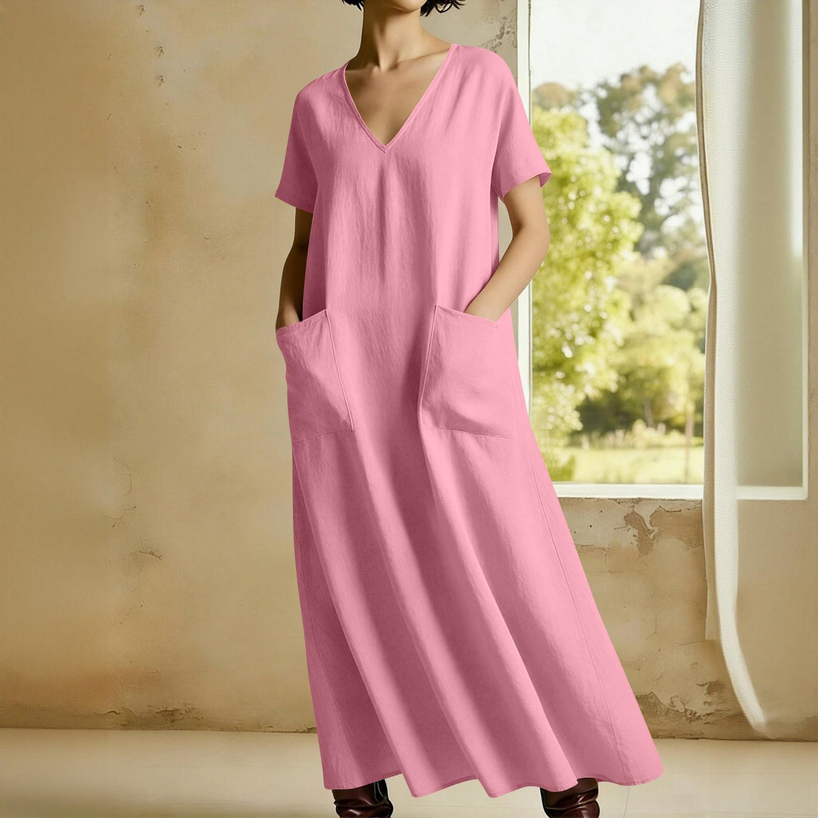 

Women s V-neck Short-sleeved Mid-length Loose-fitting Dress With Pockets And Casual S рожевий