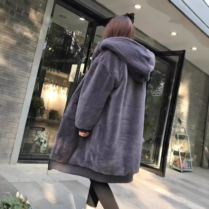 Winter langer großer Kaninchenfellmantel Damen Kapuzenmantel Neuer Reißverschluss Verdickt Warme Plüschkleidung