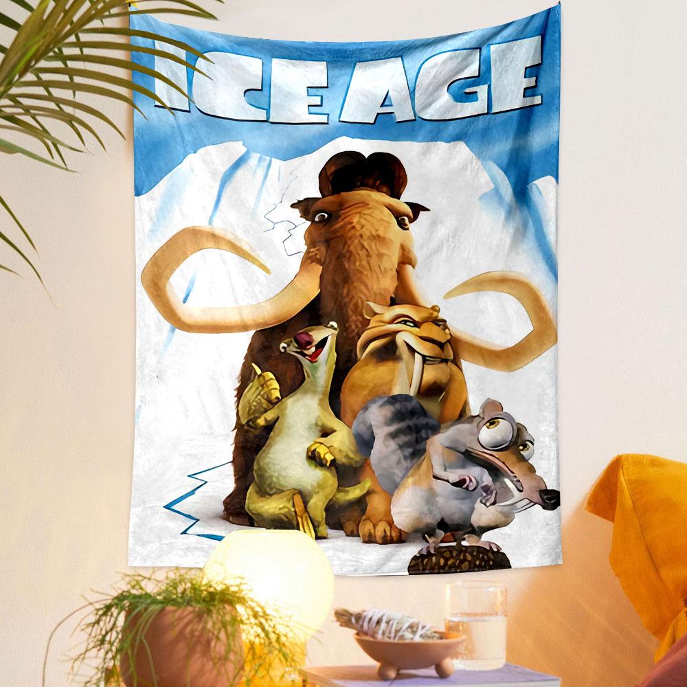 Ice Age 2 Tapestry Wall Hanging, Manny Diego Scrat Cartoon Art, Colorful Kids Wall Decor for Bedroom Playroom