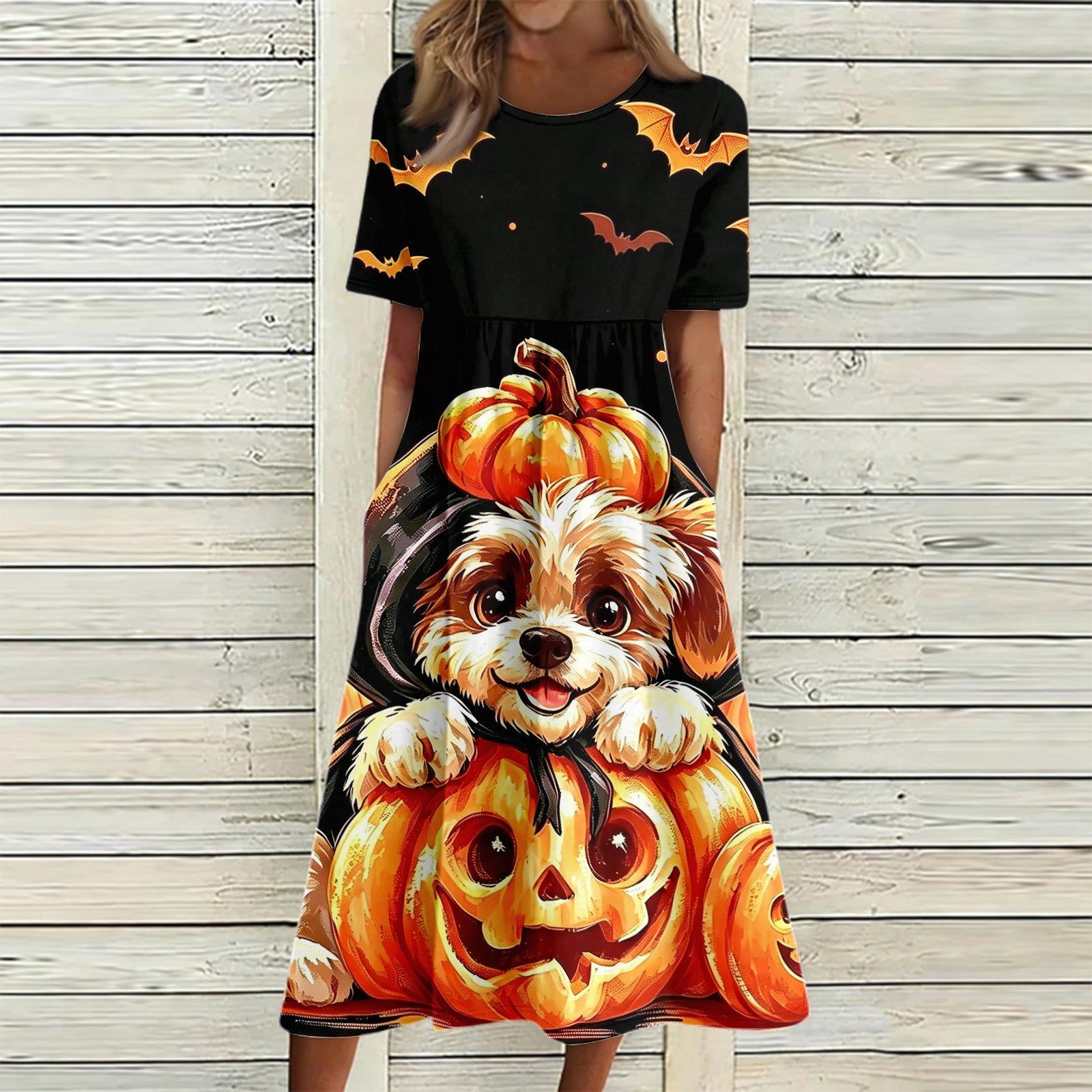 Women s Halloween Print Round Neck Dress with Pockets for Casual Occasions M