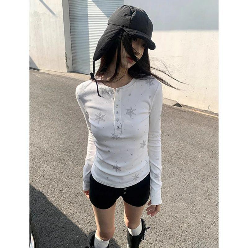 260g Cotton Modal Snowflake Print Rhinestone Slimming Round Neck Top Small белый