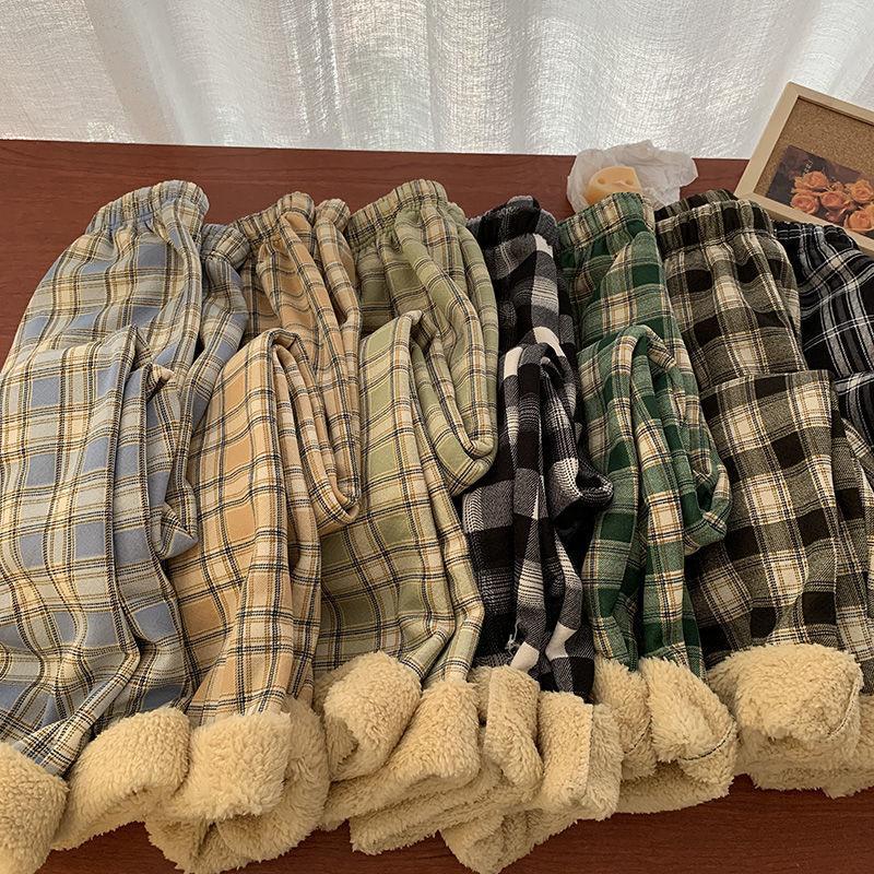 Winter Thick Plaid Pants Women Korean Fashion Warm Loose Wide Leg Trousers Student Y2K Causal High Waist Pants Outwear