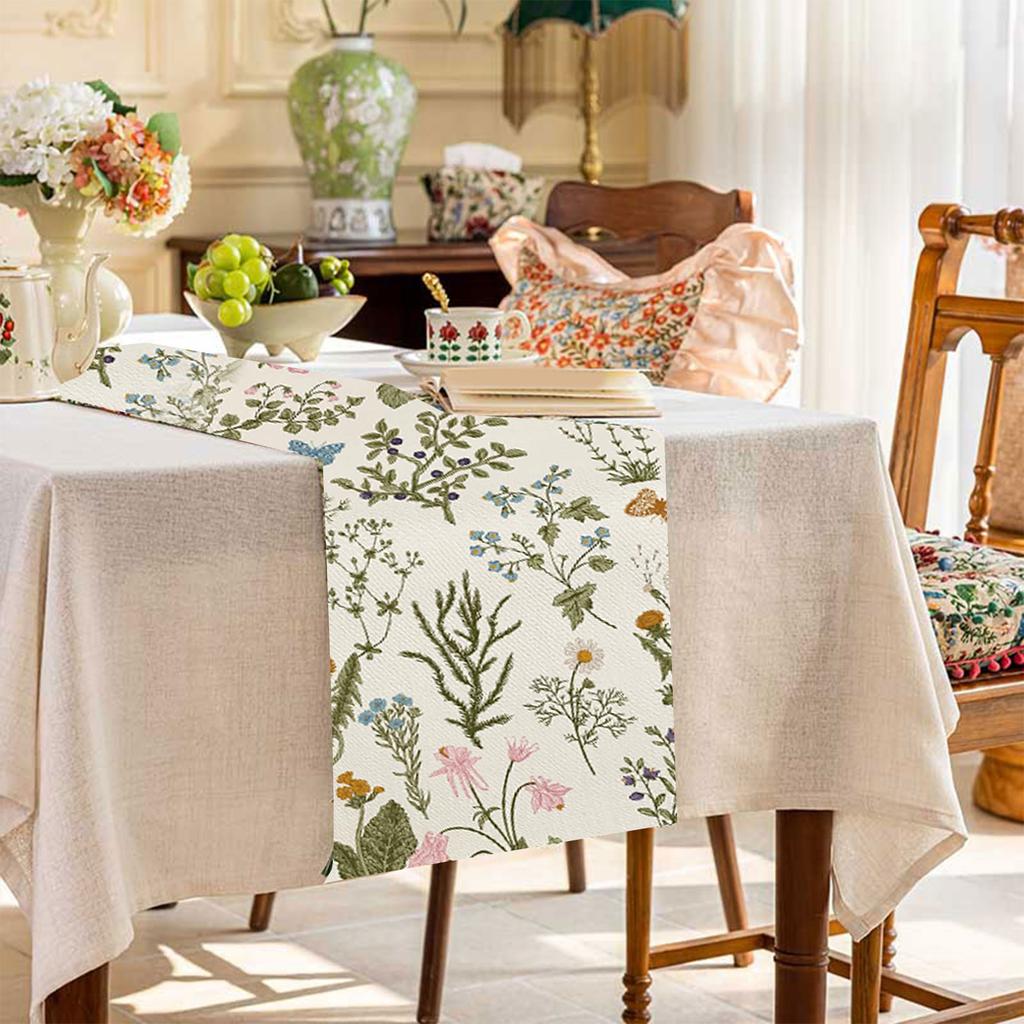 Spring Floral Linen Table Runner Decorative Dining Table Cover For Seasonal Home Decor