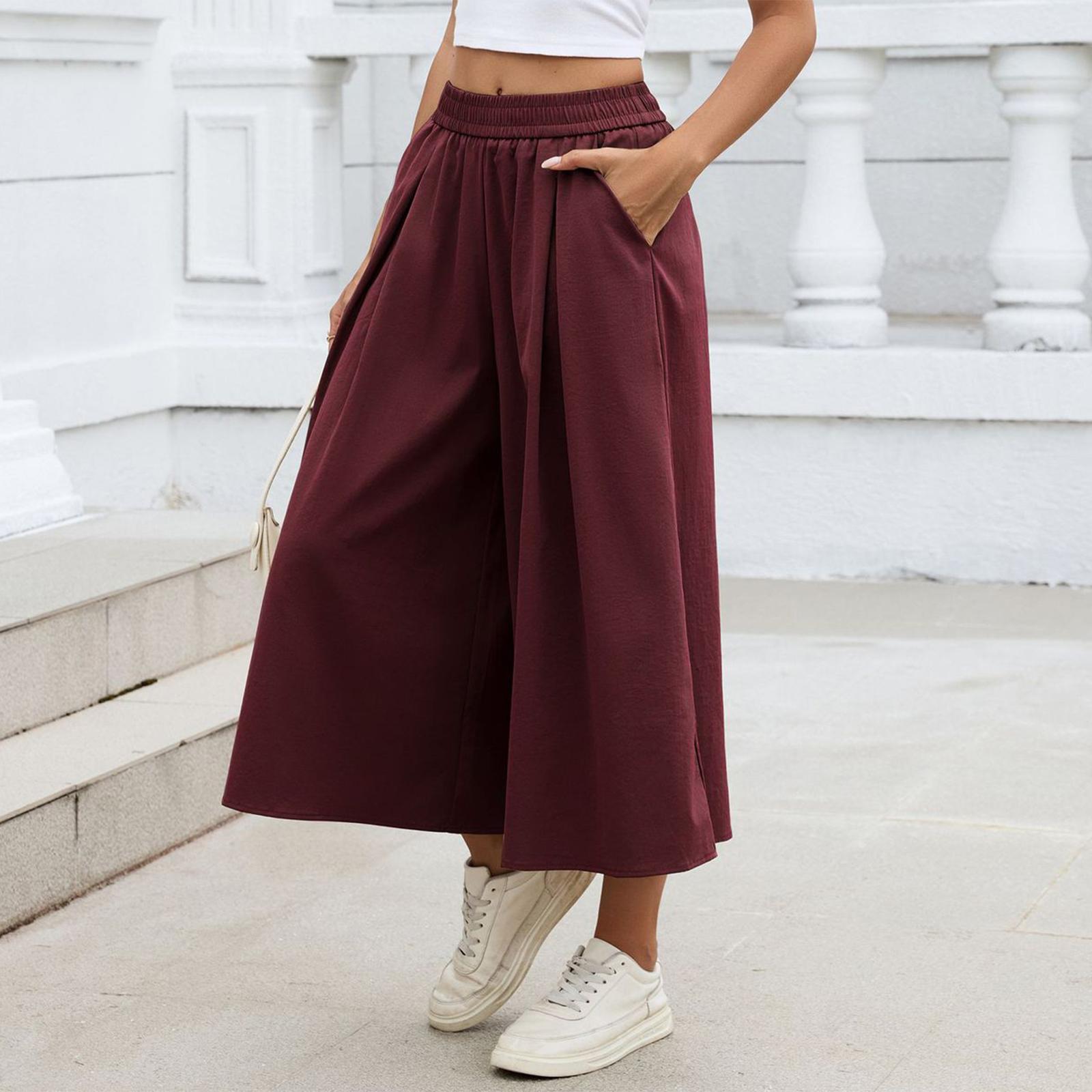 

Women s Fashion Solid Color Loose Wide Leg Pants Elastic Waist Pockets High-Waisted Skirt Pants XL винний