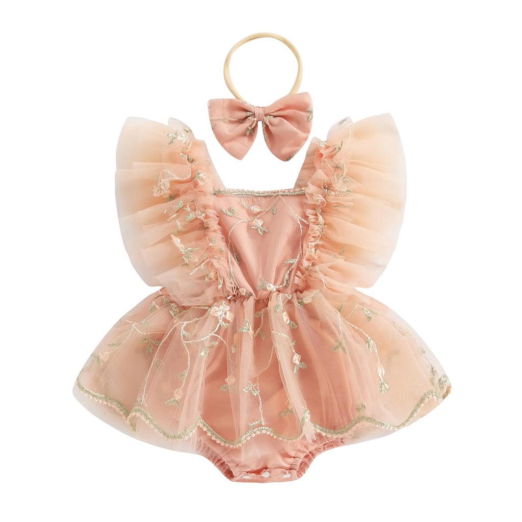 Infant Baby Girls Romper Dress Fly Sleeve Square-Neck Floral Embroidery Tulle Jumpsuit with Bow Headband
