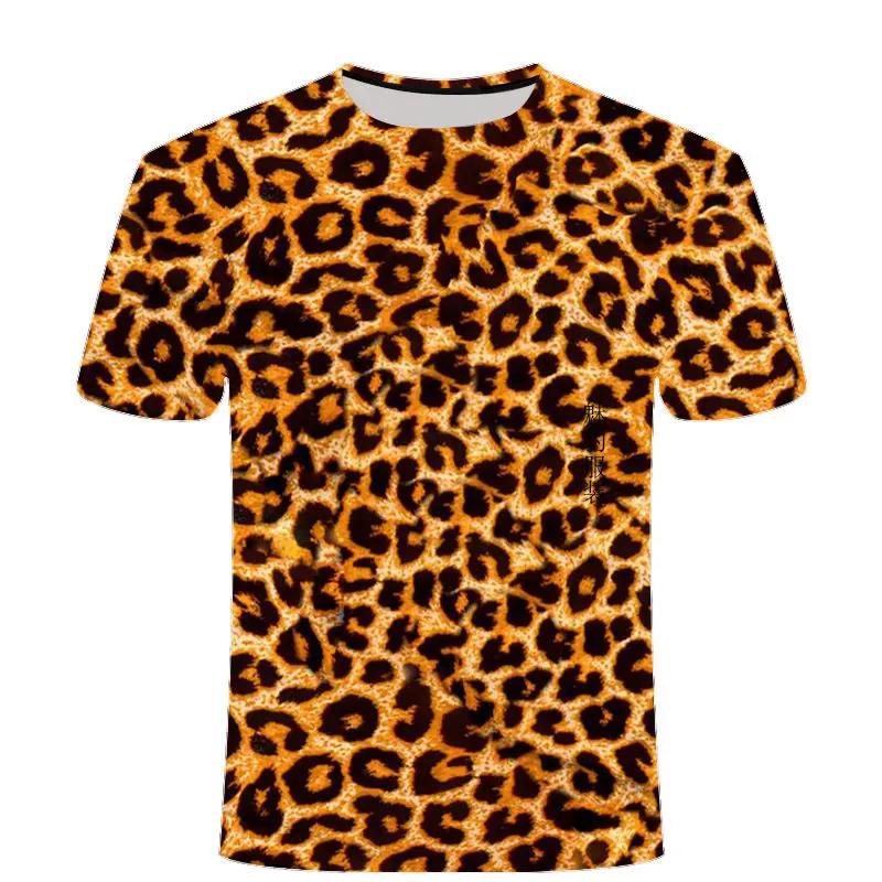 Leopard Printing T-shirt Contrasting Stripes Fleck O-neck T Shirt For Men And Women's Summer Fashion Comfortable Top