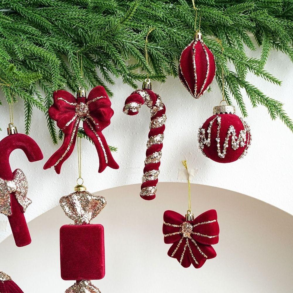 2PCS Wine Red Color Christmas Ornament Flocked Surface Xmas Decor Hanging Pendant Holiday Party