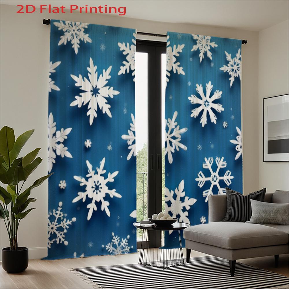 2pcs   2D Flat Printing Curtains Blue Background Snowflake Pattern Curtains for Winter Christmas Home Decor Rod Pocket Curtain