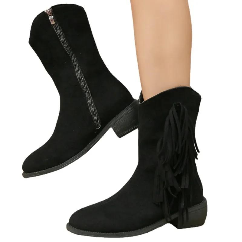 

Мода 2024 Женская обувь Большой размер До середины икры Женские сапоги Боковая молния Современные сапоги Женские Бахрома Острый носок Туфли на низком каблуке Женские 43 чёрный
