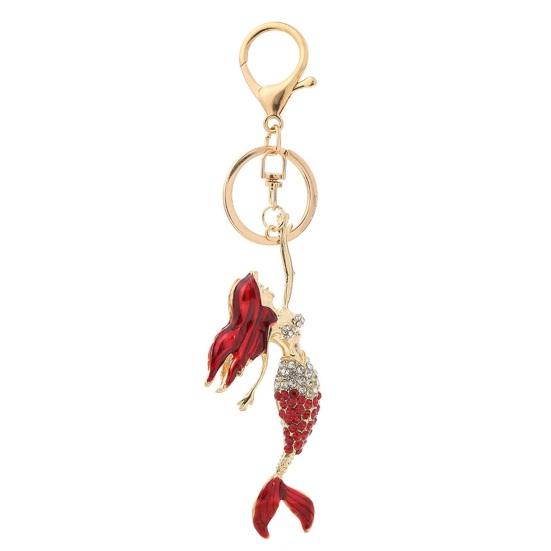 Keychain Pendant Sparkling Inlaid Rhinestones Key Holder Mermaid Design with Lobster Clasp красный