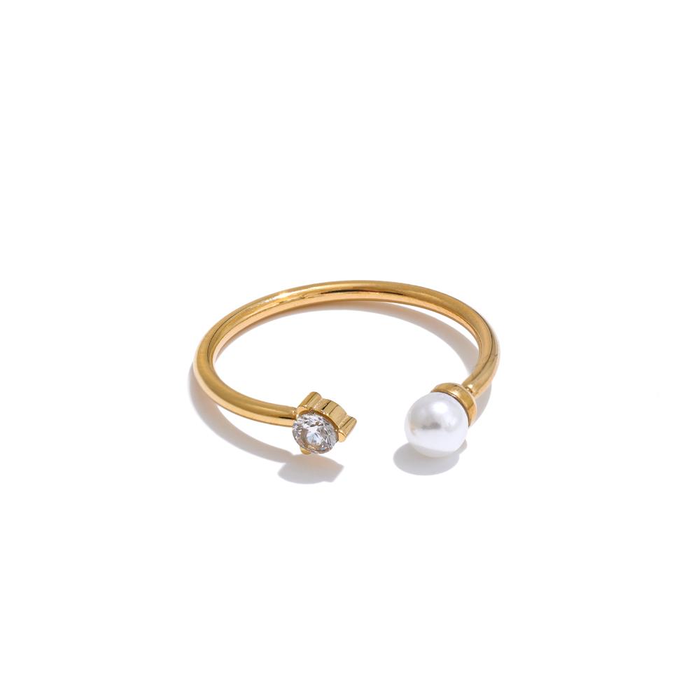 

Yhpup Thinner Stainless Steel Imitation Pearls Zircon Chic Open Ring for Women Fashion Charm Finger Jewelry Accessories Gift resizable