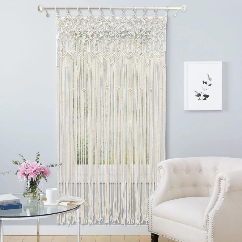 Bohemian Woven Cotton Curtain with Wood Rings, White Yarn Doorway Window Drape, 120x195cm Long Decorative Panel for Backdrop