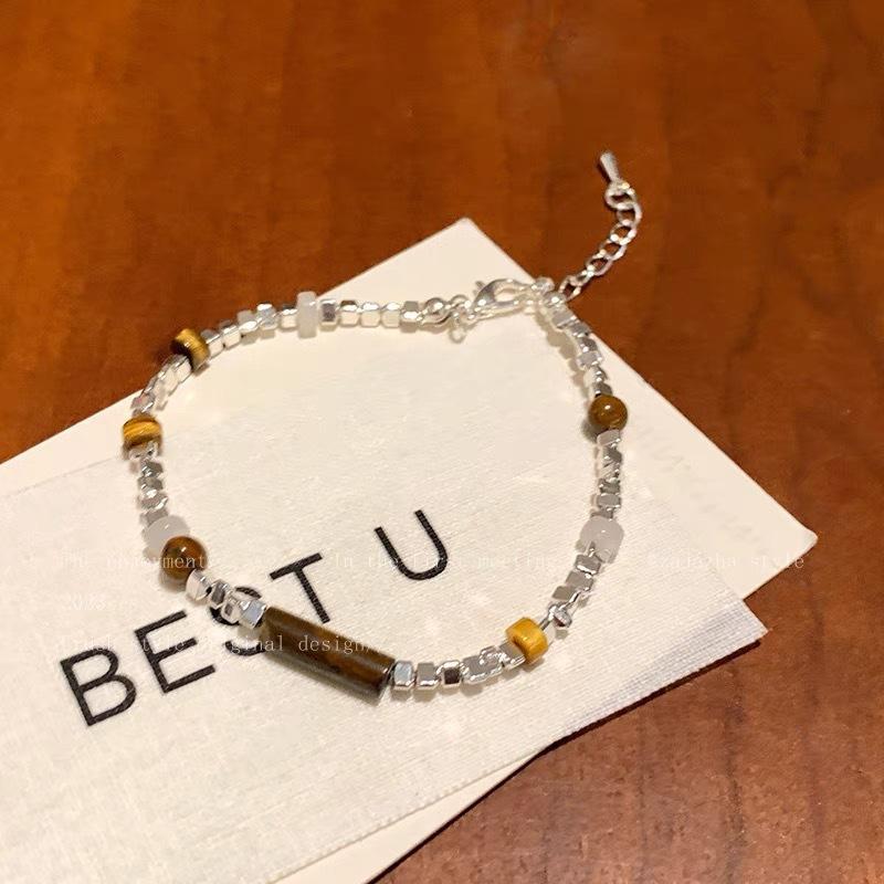 Silver Beads Tiger Eye Stone Beaded Bracelet - Luxurious High-End Retro Handwear for Autumn/Winter Layered Wearing Hand Chain