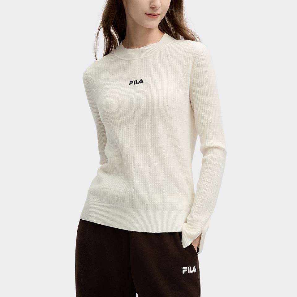 FILA Heritage Series Comfortable Skin-Friendly Soft Round Neck Long Sleeve Knit Sweater Women tops Cloud-Mushroom-White F11W518405F-WT