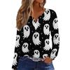Women's Halloween Print V-Neck Long Sleeve T-Shirt with Button for Casual Holiday Wear