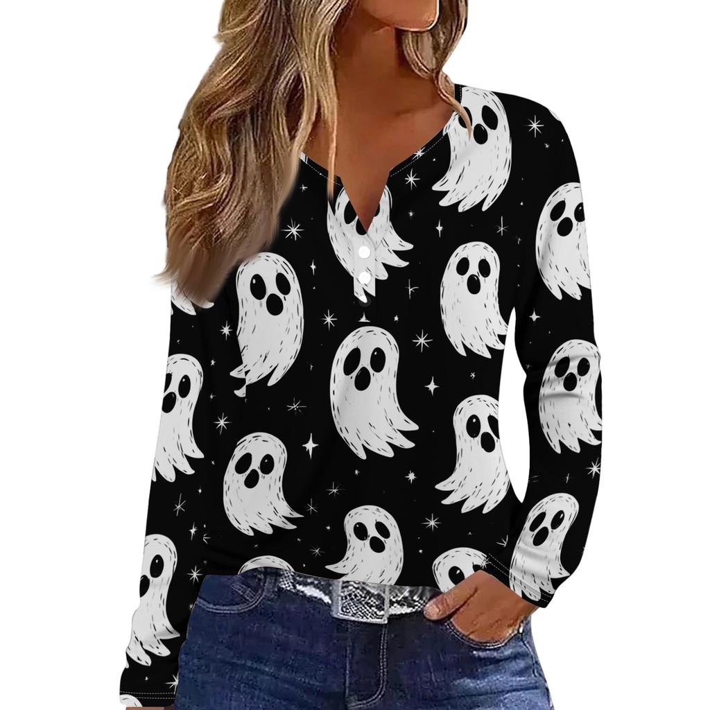 Women's Halloween Print V-Neck Long Sleeve T-Shirt with Button for Casual Holiday Wear