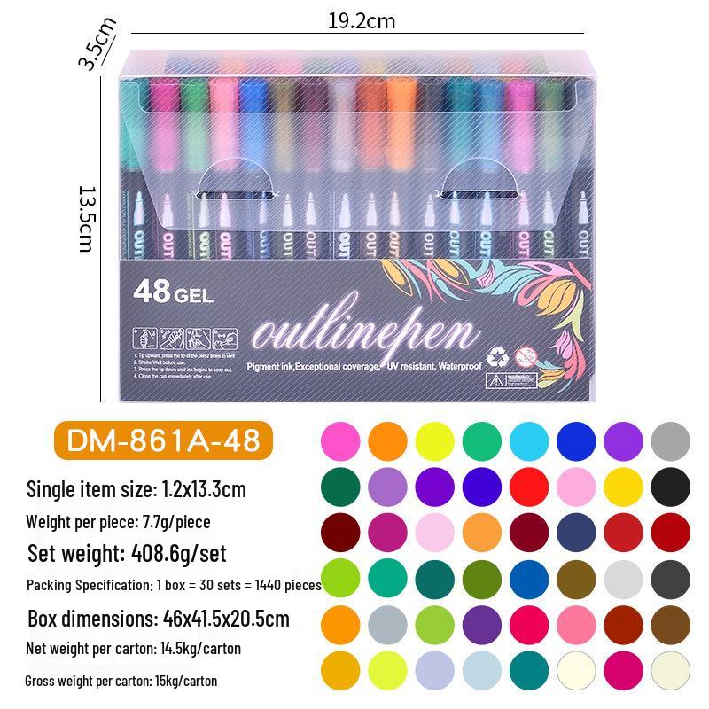 48-Color Glitter Double Line Outline Pen Set for DIY Journals, Christmas Cards, Student Drawing & Fluorescent Doodles.