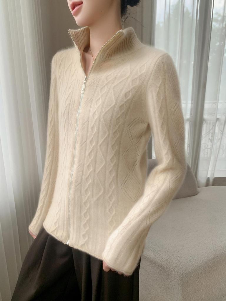 Women's High-End Cashmere Stand Collar Jacquard Zipper Cardigan Sweater - Autumn/Winter Loose Style.