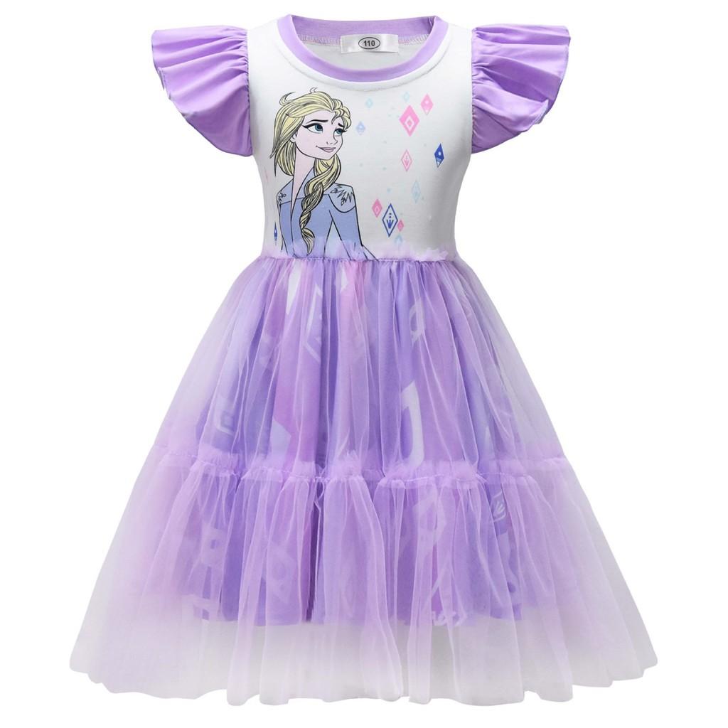 98029 Kids Girls Elsa Princess Print Round Neck Mesh Dress 110 фиолетовый