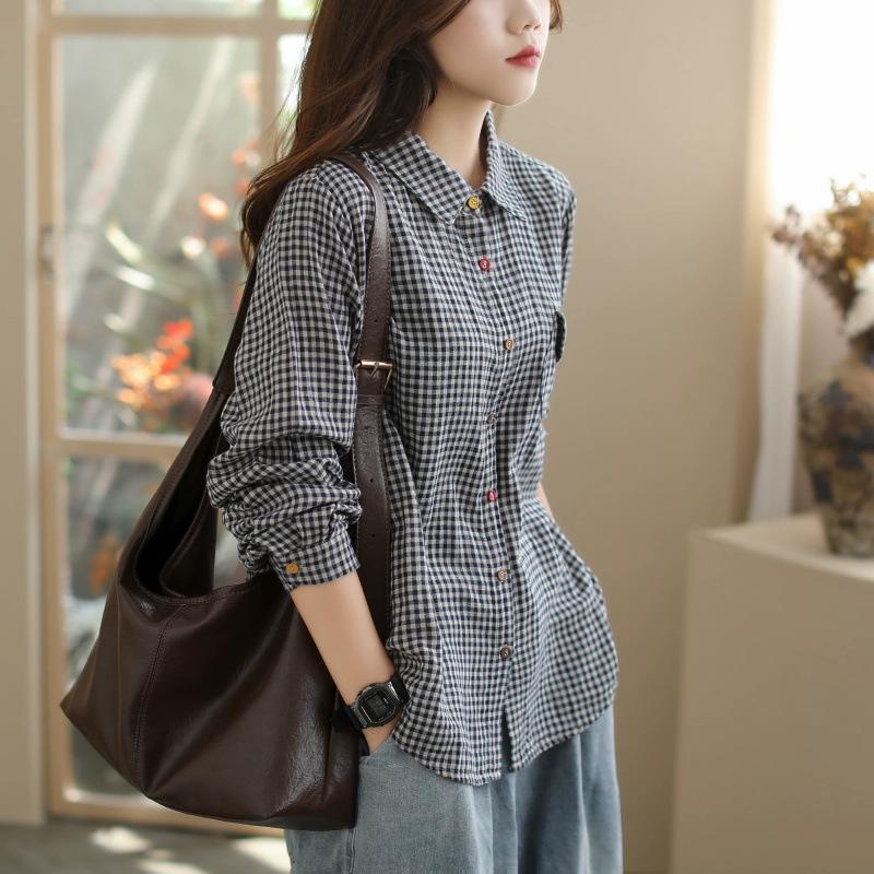 2026 Double-Layer Cotton Women's Plaid Shirt - Korean Style, Loose, Retro, Slimming