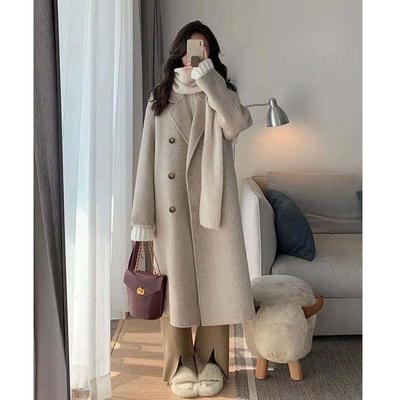 2025 Women's Petite Hepburn-Style Oatmeal Wool Coat - Thickened, Mid-Length for Autumn & Winter