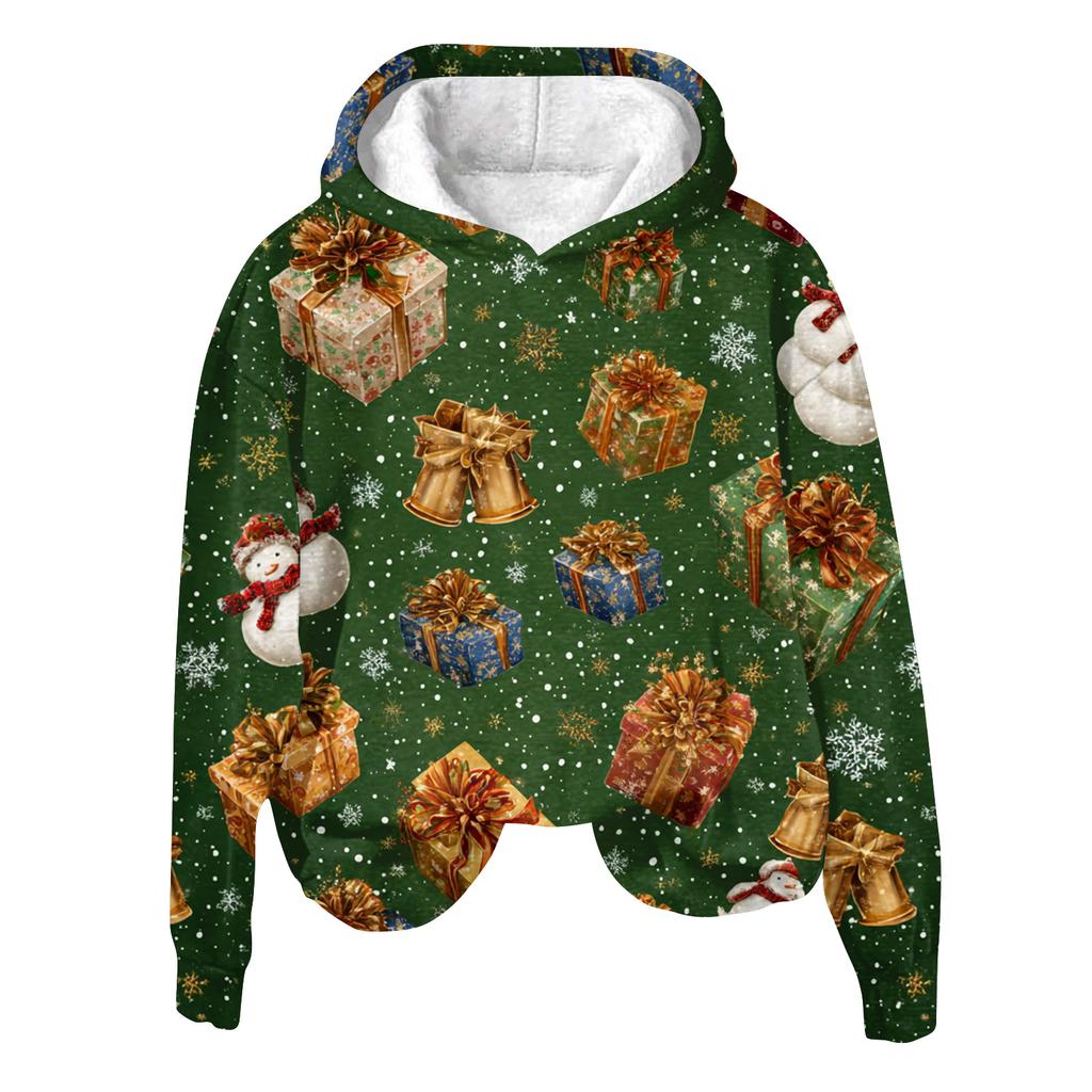 Women's Fashion Long Sleeve Christmas Print Loose Hooded Sweatshirt Top