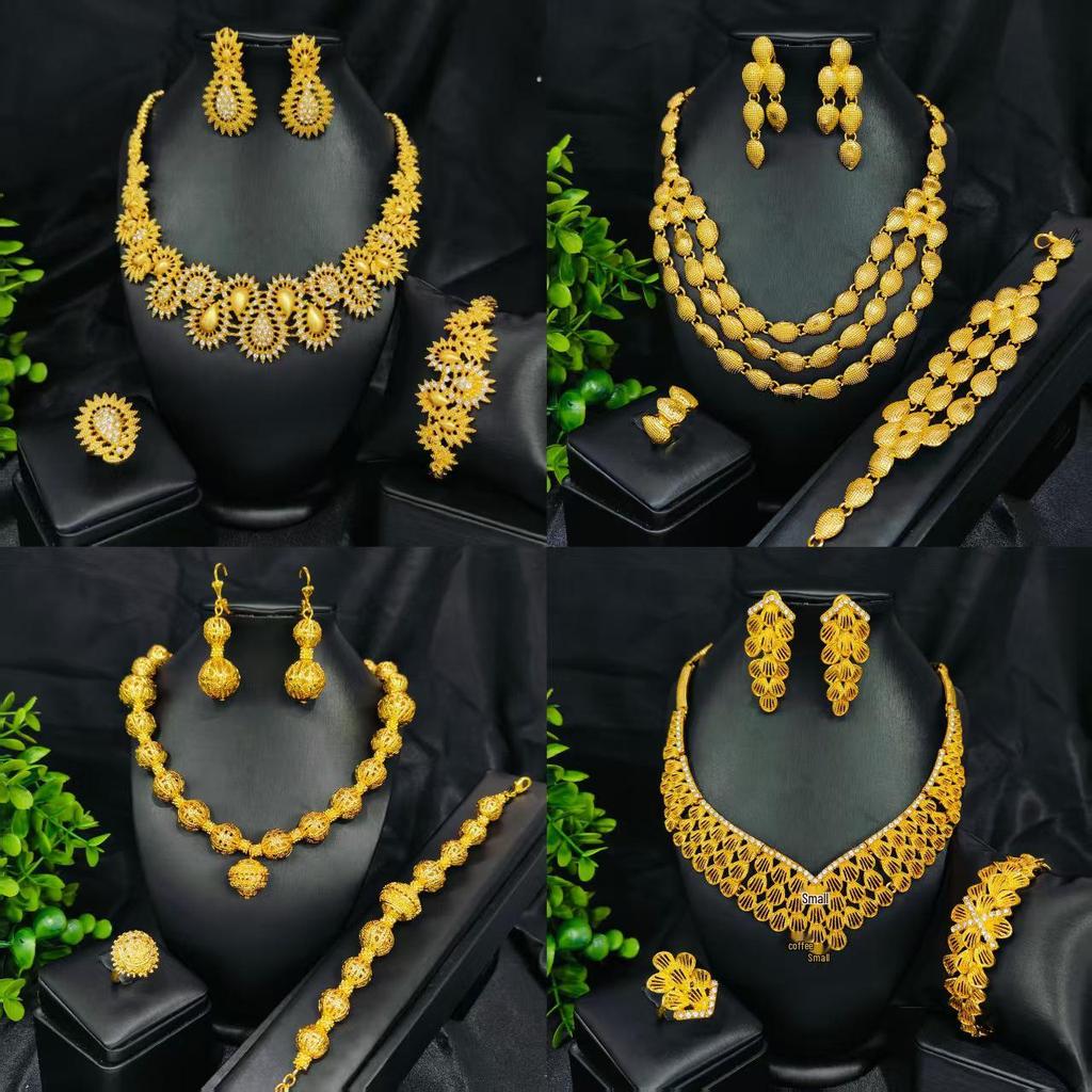 Set de bijuterii de mireasă vietnameze placate cu aur: Colier, Cercei, Inel și Brățară