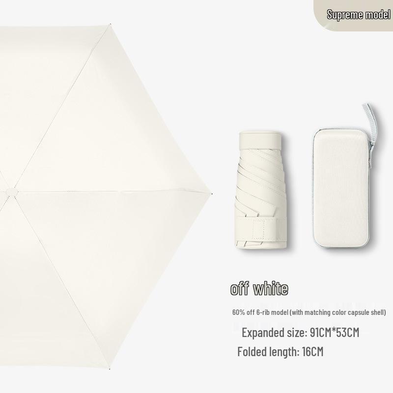 Compact Ultra-Light Six-Fold Capsule Umbrella with Black Glue Sun Protection and Hook