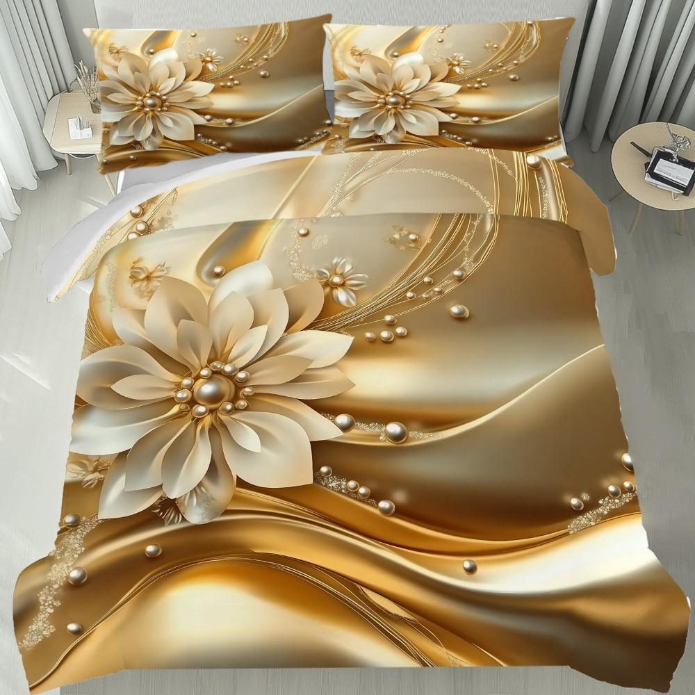 3pcs Golden Bedding Set Gilding Flowers 3D Printed Cozy Duvet Cover King Queen Twin Size Birthday Gift for Adult Bedroom Decor