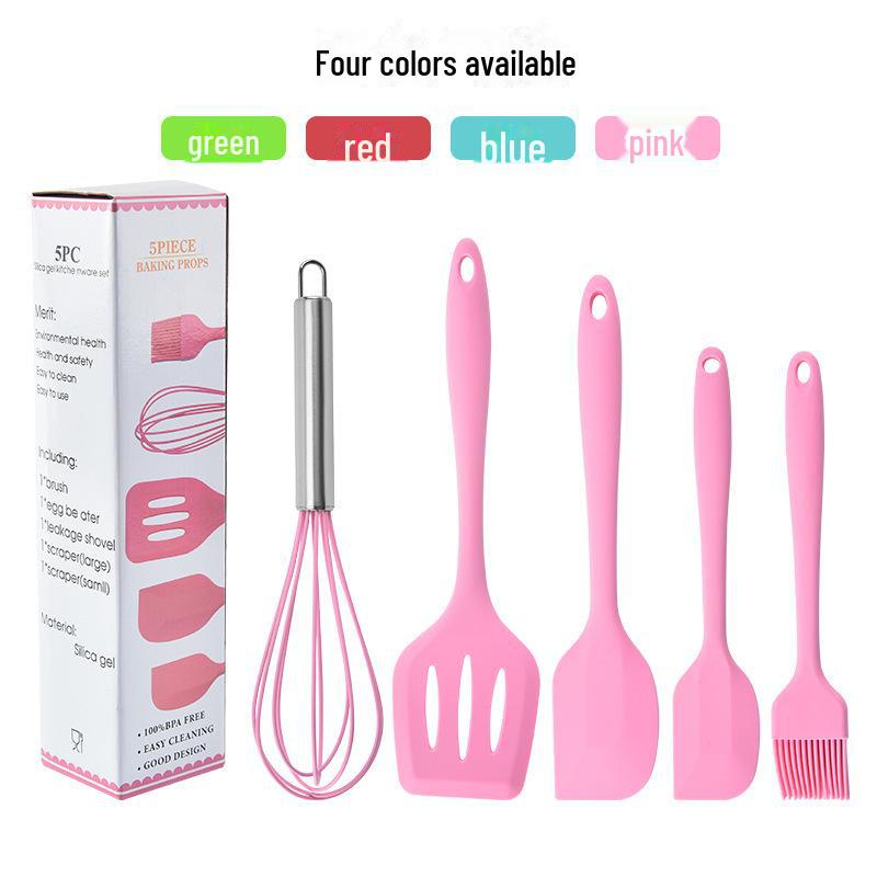 Five-Piece Silicone Kitchen Tool Set: Egg Beater, Scraper, Steak Frying Spatula, and Drain Spatula. Ideal for Baking and Cooking.