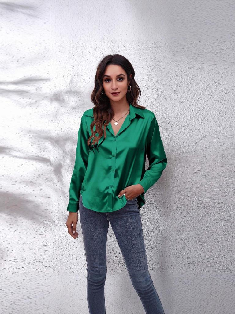23 Colors Satin Long Sleeve Women's Shirt with Lapel - European & American Style