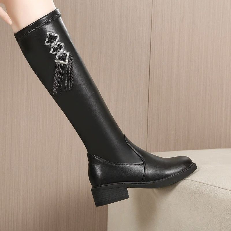 Mode Schwarzes Leder Mittelhoch Rundzehe Strass Kniehoch Schaft Schuhe Frau Trend 2025 Arbeit Herbst Winter Lange Stiefel für Frauen