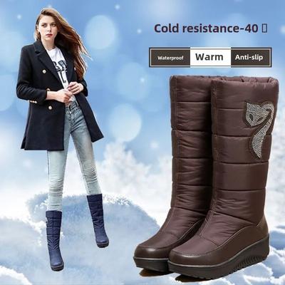 Winter Women Platform Snow Boots Crystal Fox Black Brown Down Plush Casual Travel Lady Round Toe Wedge Heels Mid-calf Boots
