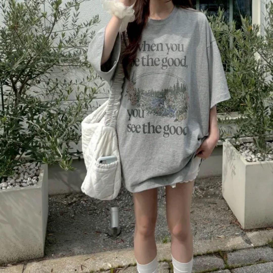 

[USED] Korean-style loose English logo T-shirt with flower art, oversized, grey