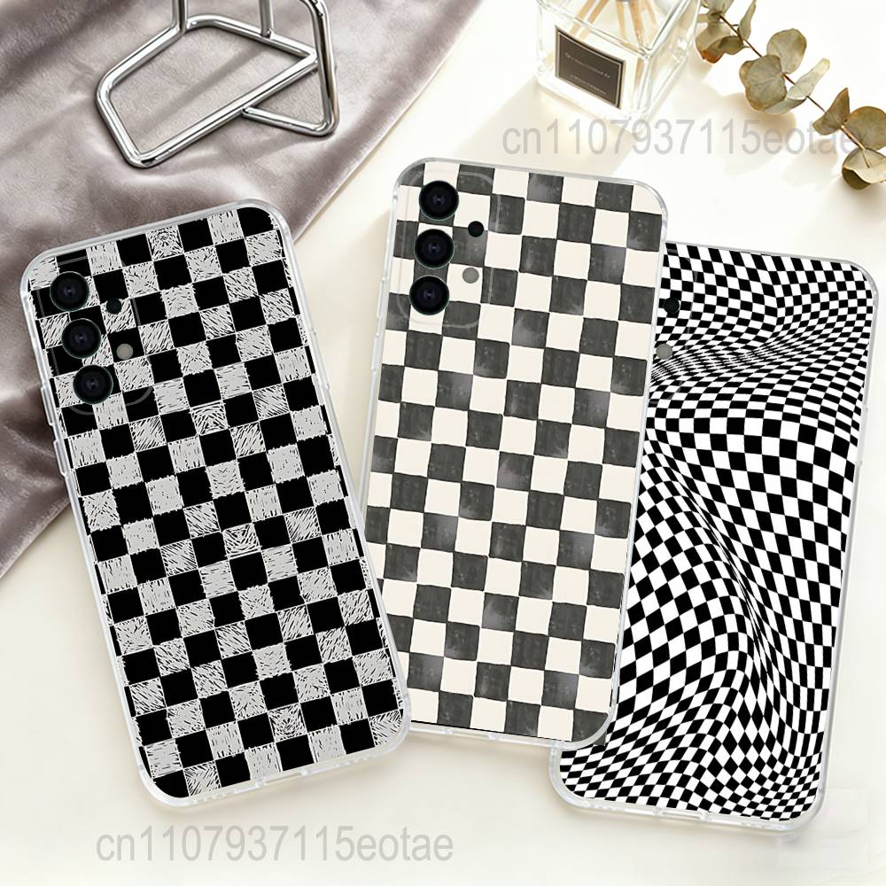 Black white Checkered Phone Case For Samsung S30,S25,S24,S23,S21,S22,S20,S10,5G,FE,lite,PIus,Ultra Transparent Cover