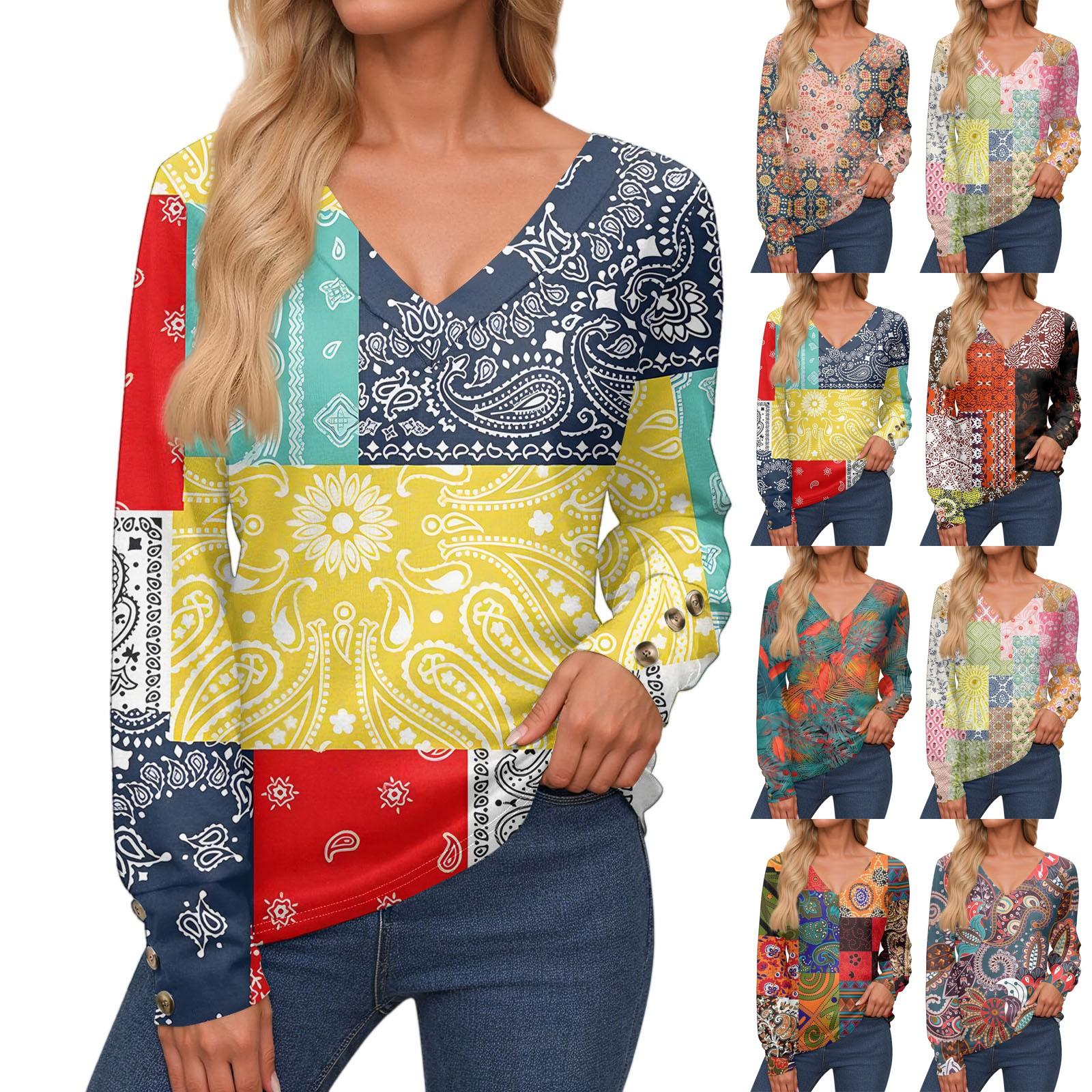 

Women s Tops Long Sleeve Cuffs Button-Up Shirt V-Neck Casual Loose Tee Floral Tops S червоний