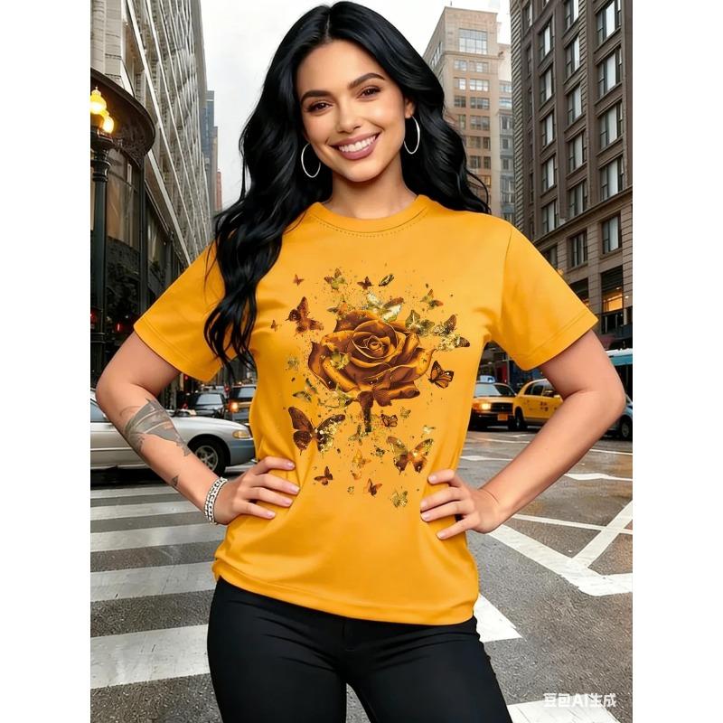 

Rose Butterfly Printed Crew Neck Short-sleeved T-shirt S