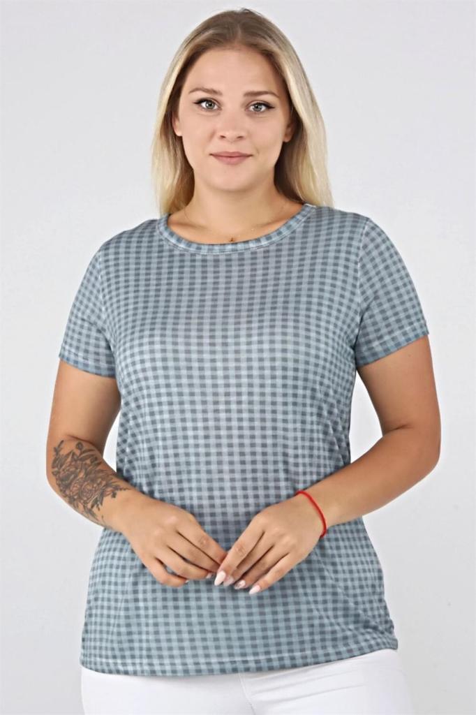 Damen Stil Große Größe T-Shirt Karomuster Ölwaschung Basic T-Shirt-Blau