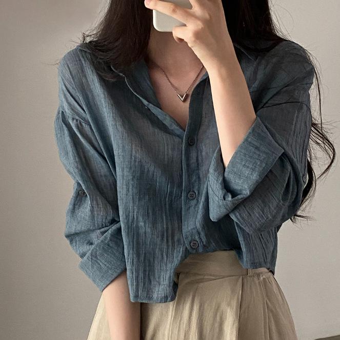 

Летняя блузка свободного кроя с длинным рукавом из жатой ткани цвета мороженого с солнцезащитой Large серый/синий