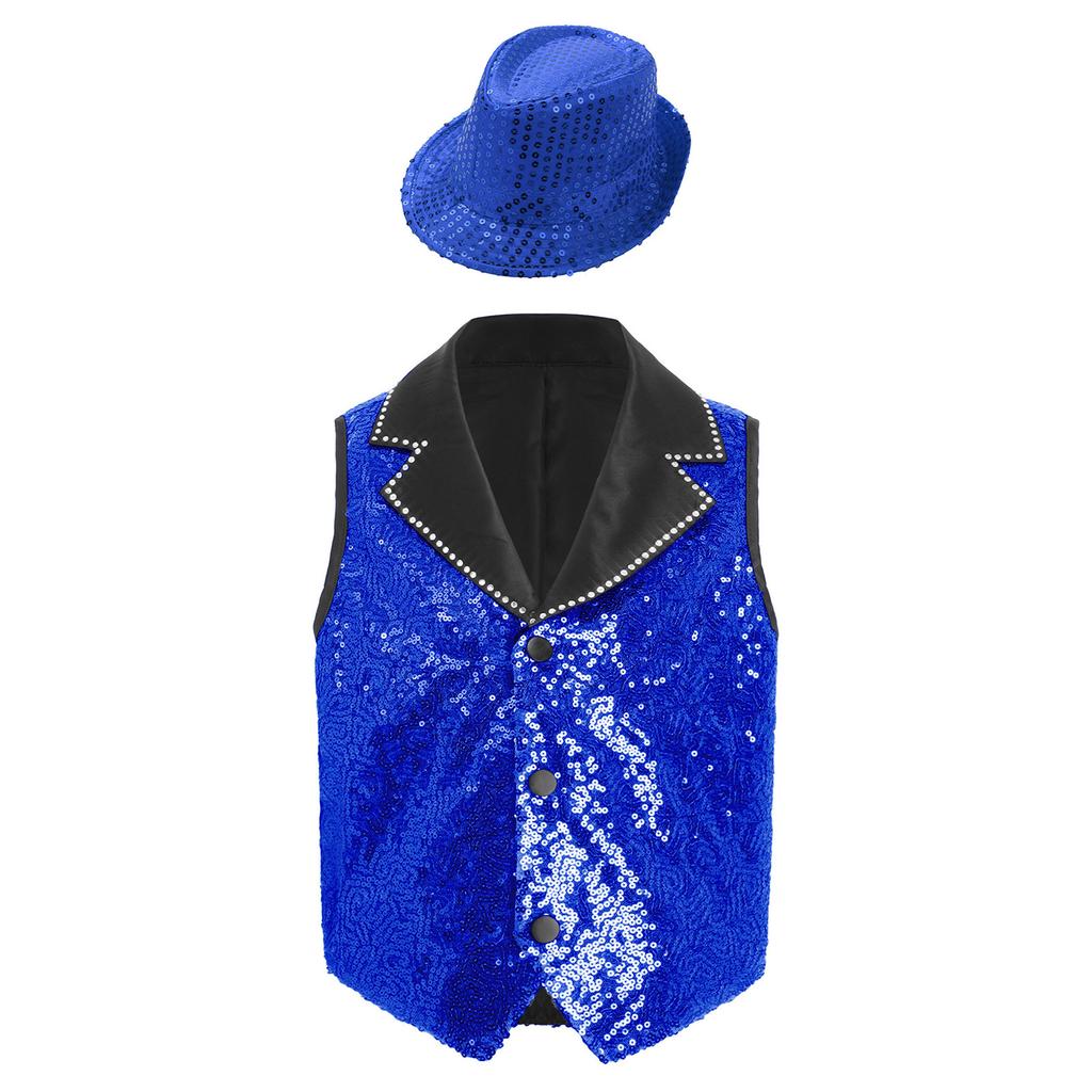 Boys Contrasting Lapel Collar Sleeveless Shiny Sequin Vest Sequined Hat Jazz Dance Performance Set