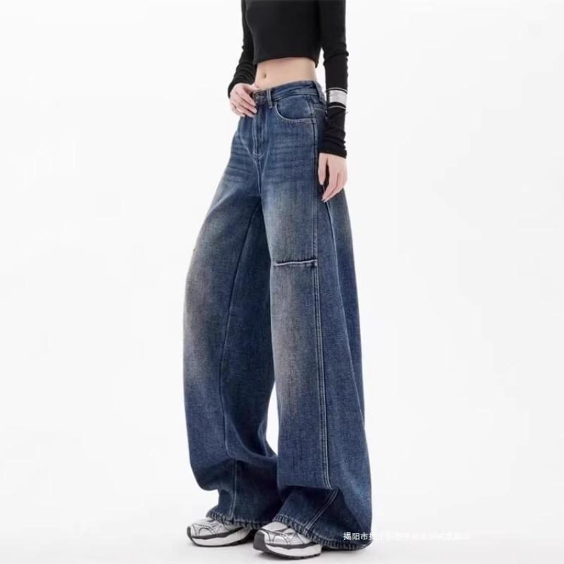 Women Plus Size High Waist Retro Curved Wide Leg Loose Straight Denim Pants