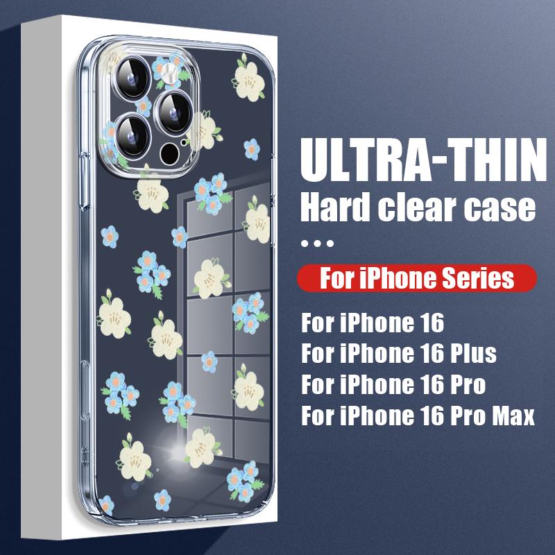 For iPhone 16 Plus 15 14 Pro 12 13 Pro Max 11 Shockproof Color Rose Flower Pattern Hard Pc Transparent Slim Lens Protection Phone Case Cover