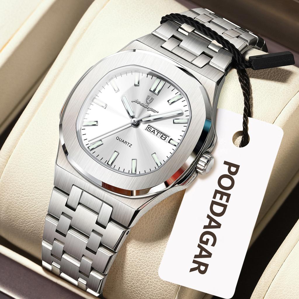 POEDAGAR Square Woman Watch Date Week Waterproof Luminous Ladies Watch Stainless Steel Quartz Fashion Watches Gift