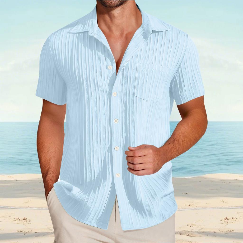 Men's Textured Casual Short-sleeved Shirt, Solid-color Loose Top With Pocket