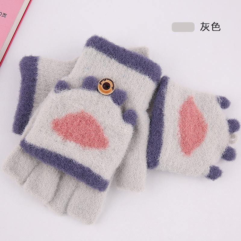 Half Finger Flip Student Gloves Winter Wool Writing Fleece Thickened Cute Cartoon Warm Dew Finger Children's Gloves