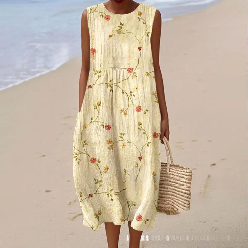 European and American New Summer Flower Ocean Printing European Size Round Neck Sleeveless Long Dress Creative Loose Dress