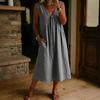 women's Tie Front Lace Trim Solid Color Linen Blend Sleeveless Midi Dress Loose Casual Sundress